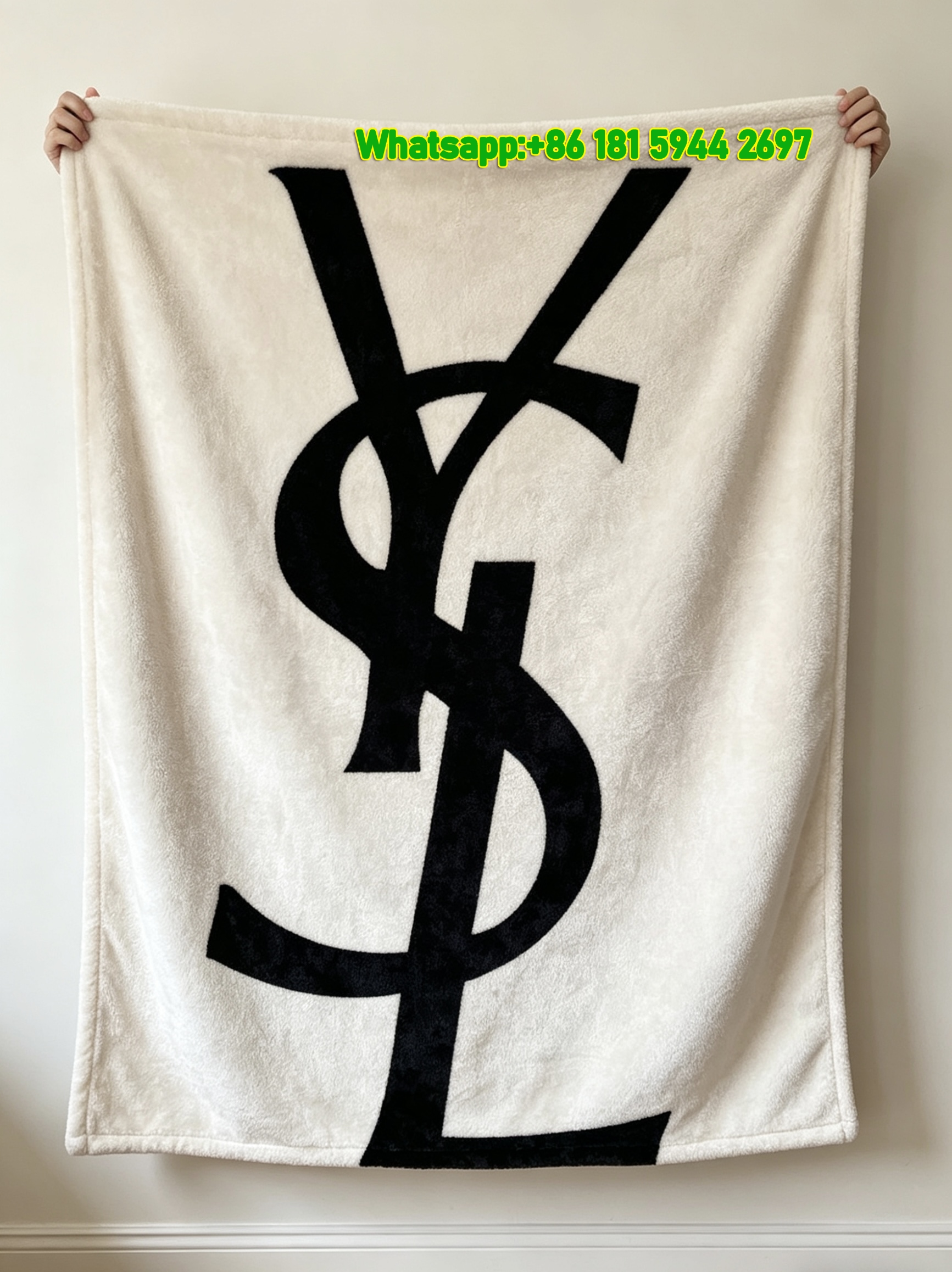 Yves Saint Laurent YSL Black Logo on White Background Printed Fleece Throw Blanket IMG_3190